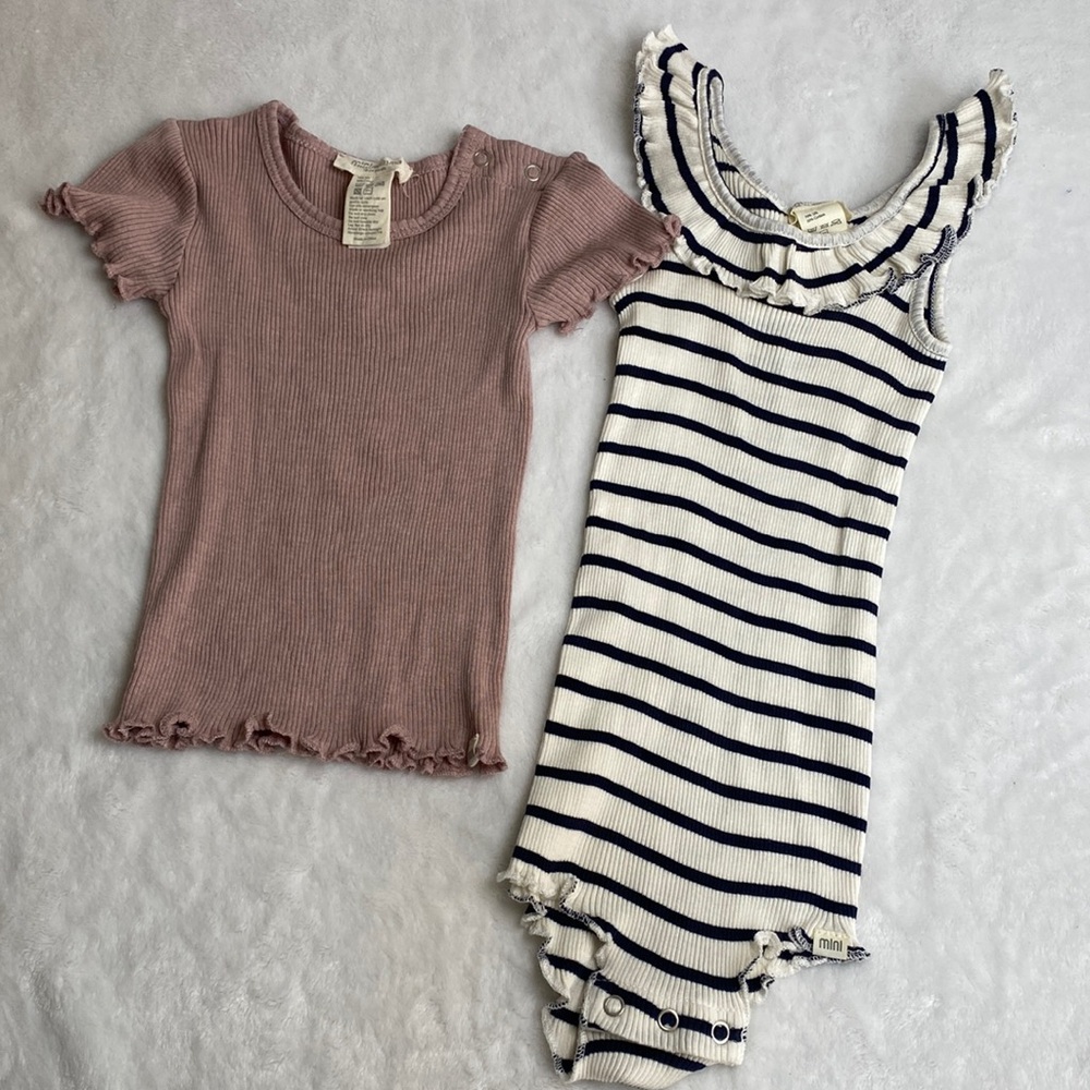 Minimalism Pink Ribbed Top and Striped Ruffle Romper Set Size 18-24 months